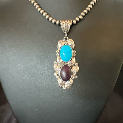Blue Kingman Turquoise  Purple Stone Pendant Navajo Sterling Silver 18039