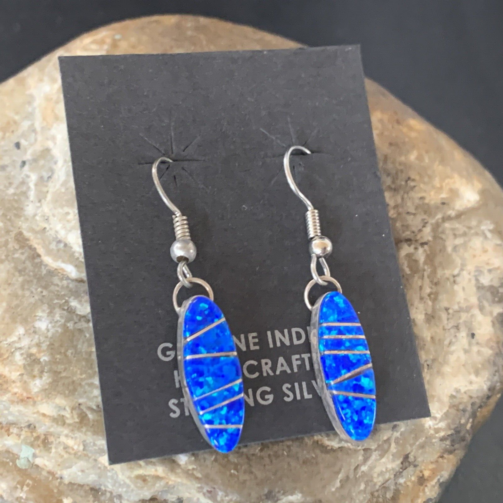 Womens Blue Opal Inlay Navajo Sterling Silver Dangle Earrings 12838