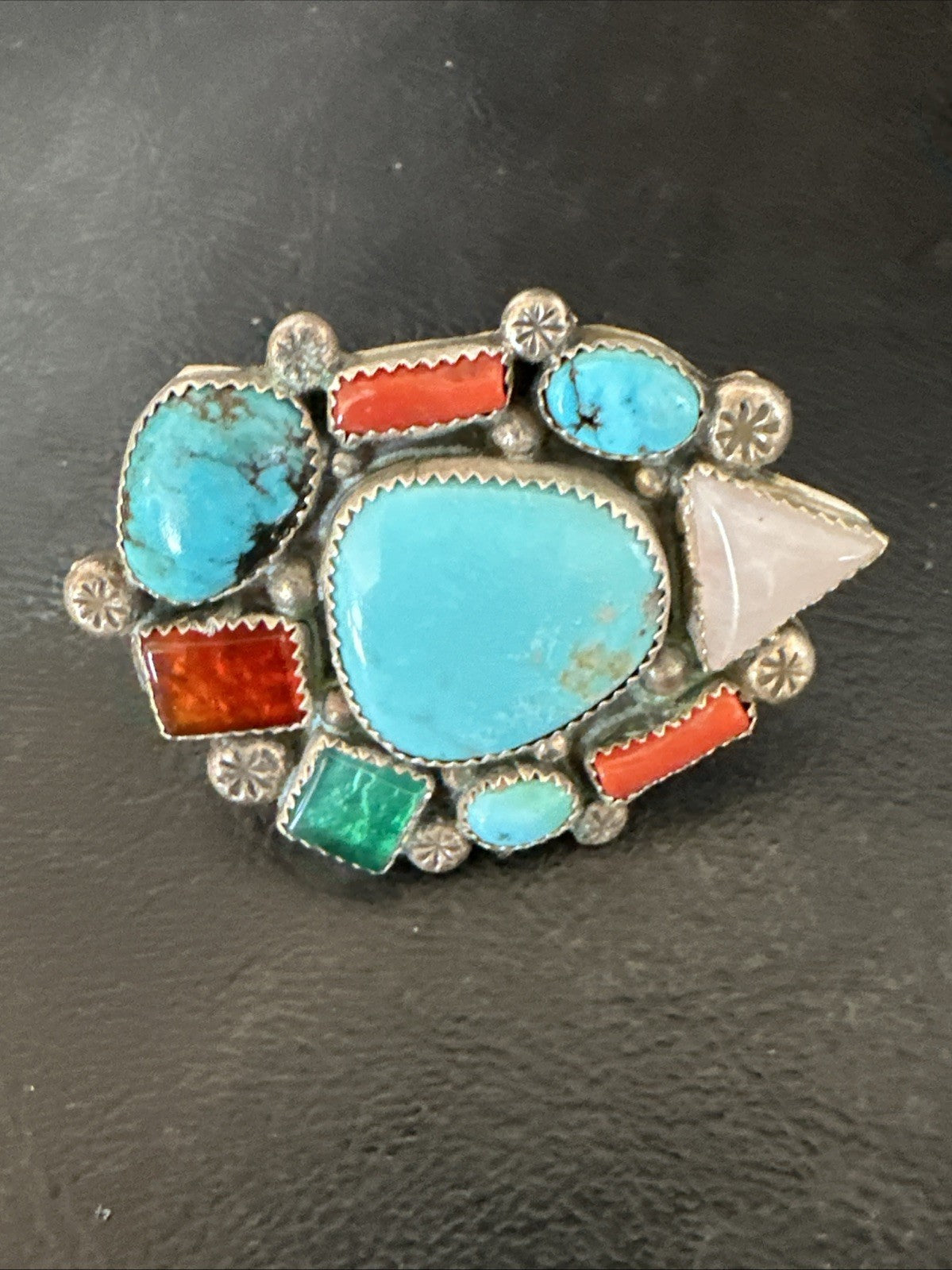 Old Pawn Navajo Blue Turquoise Coral Ring Multi-Stone Cluster Sz 9 19825