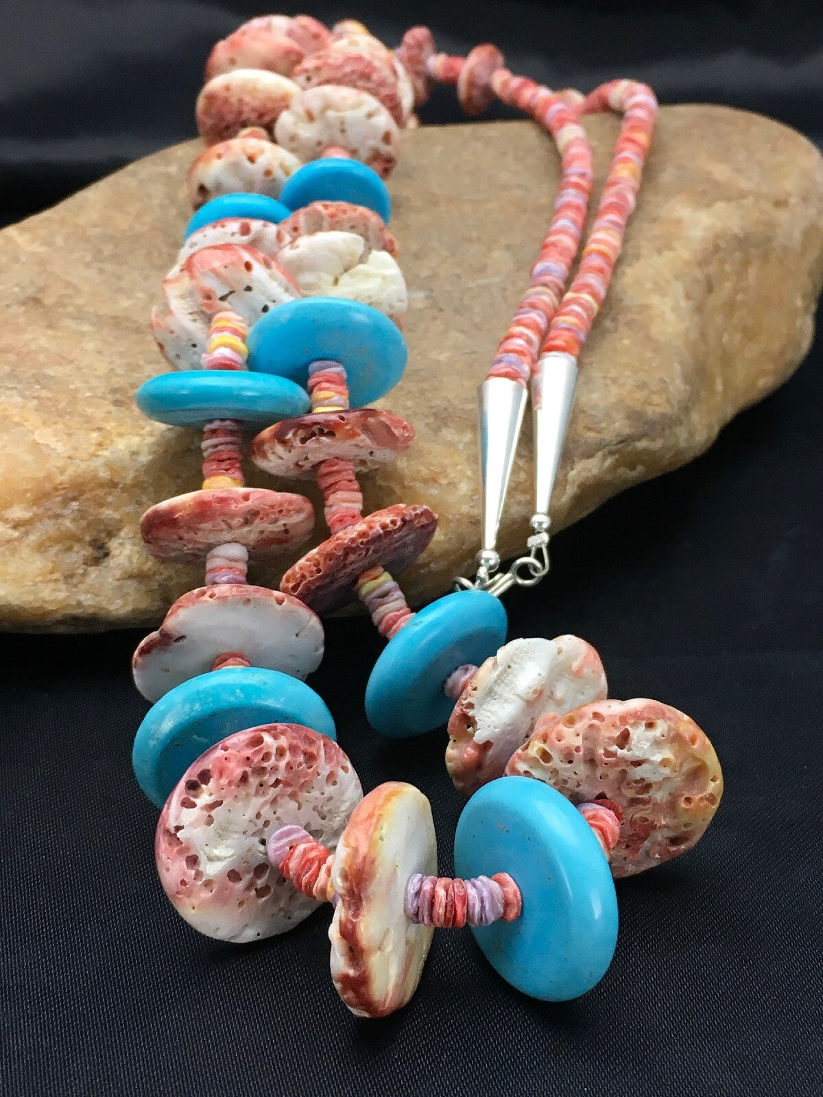 Spiny Oyster & Turquoise Navajo Indian Sterling Silver Necklace 02910
