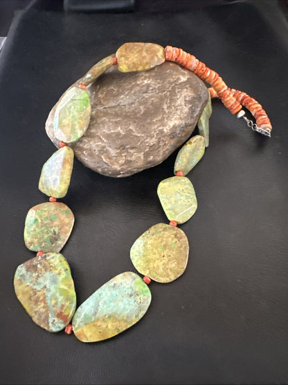 Rare Green Turquoise Orange Spiny Navajo Sterling Silver Necklace 19317