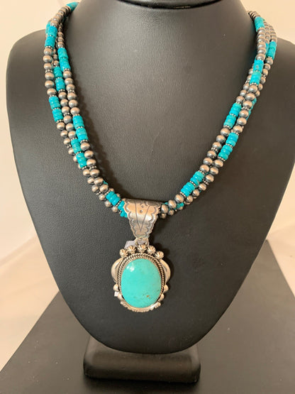 Kingman Turquoise Pendant 3 Strands Navajo Pearls Sterling Silver Necklace 03204