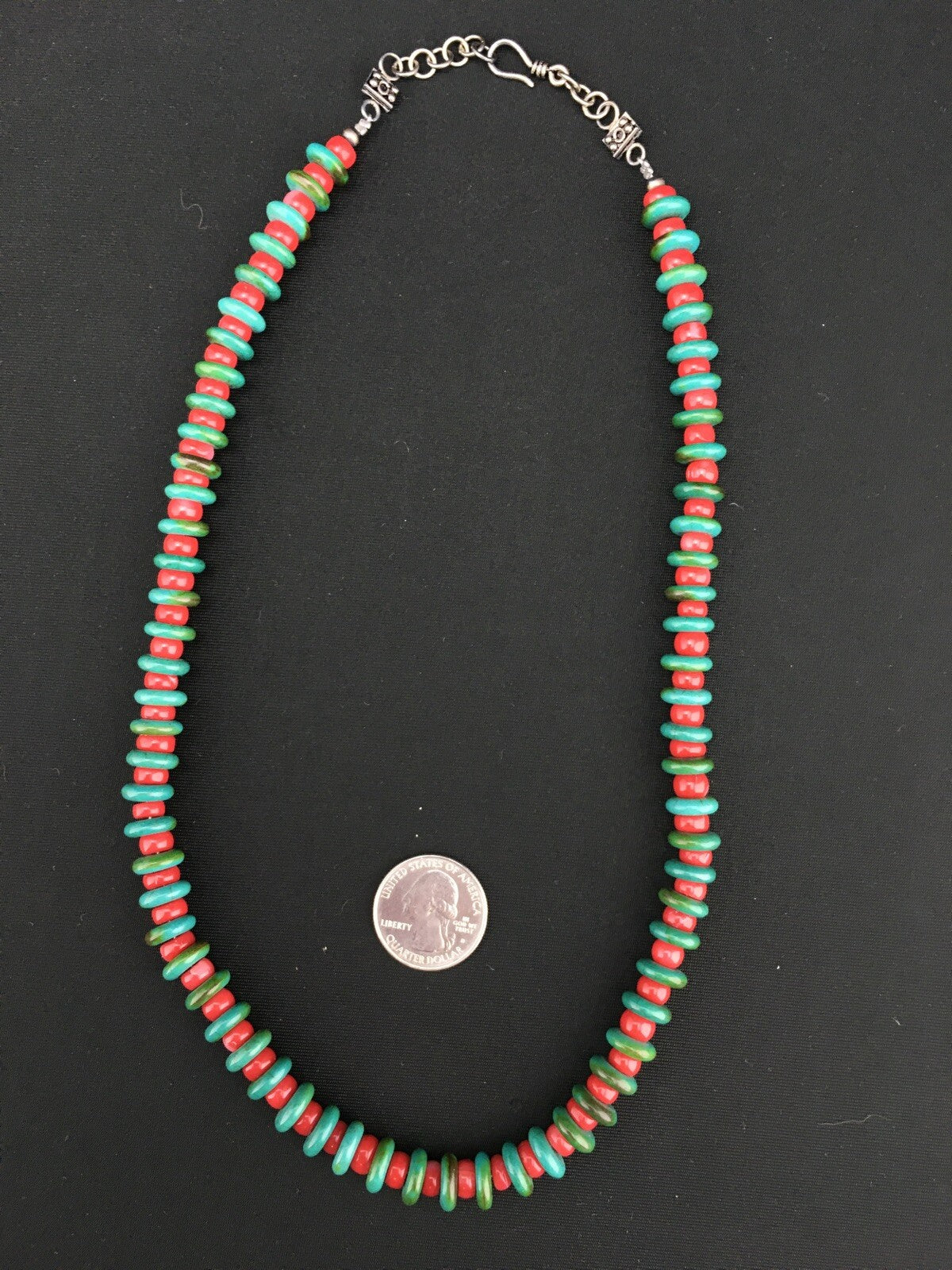 Native Mens Turquoise & Coral Bead Navajo Sterling Silver Necklace 22" 3712
