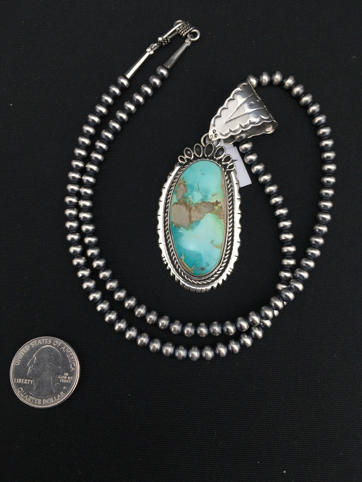 Royston Turquoise Pendant Navajo Pearls Sterling Silver Necklace 4820