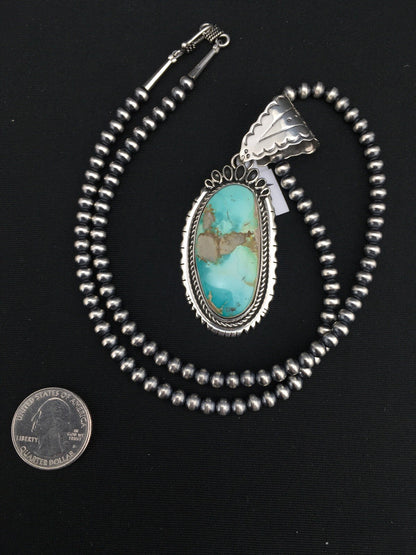 Royston Turquoise Pendant Navajo Pearls Sterling Silver Necklace 4820