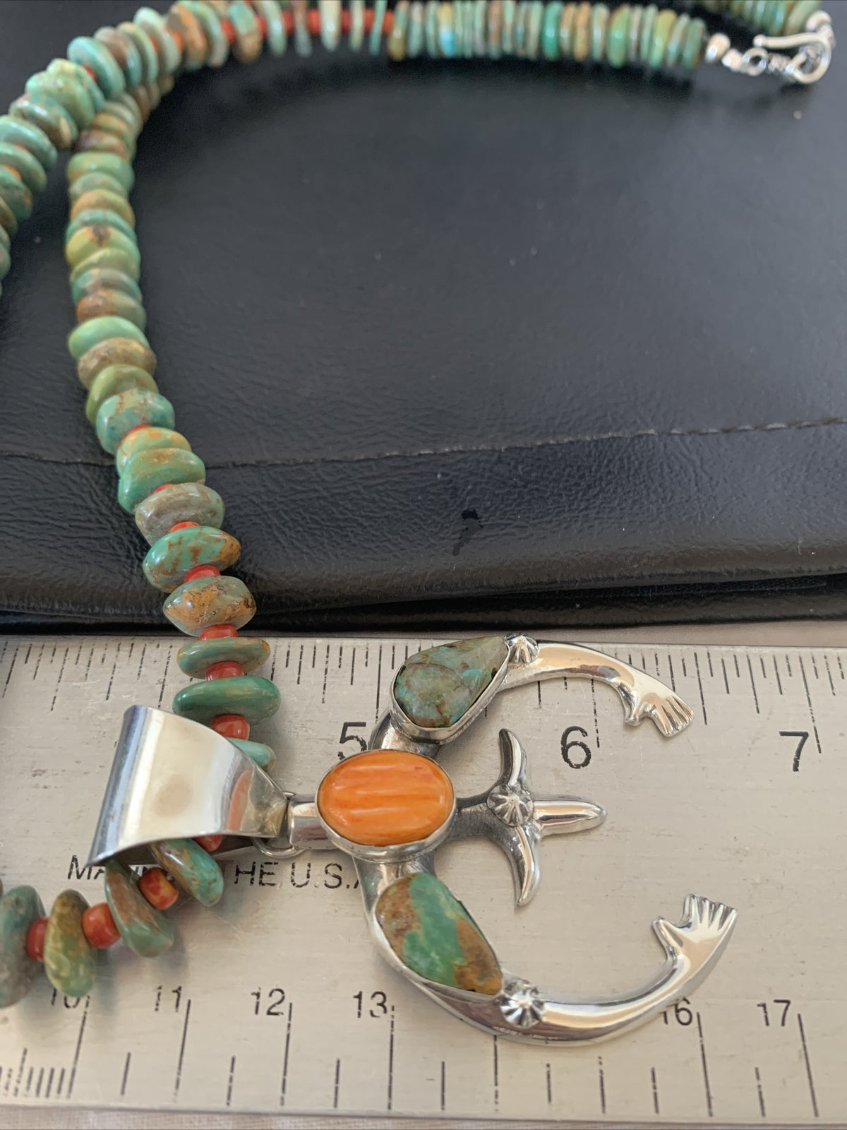 Blue Turquoise Spiny Oyster Naja Pendant Navajo Sterling Silver Necklace 10255