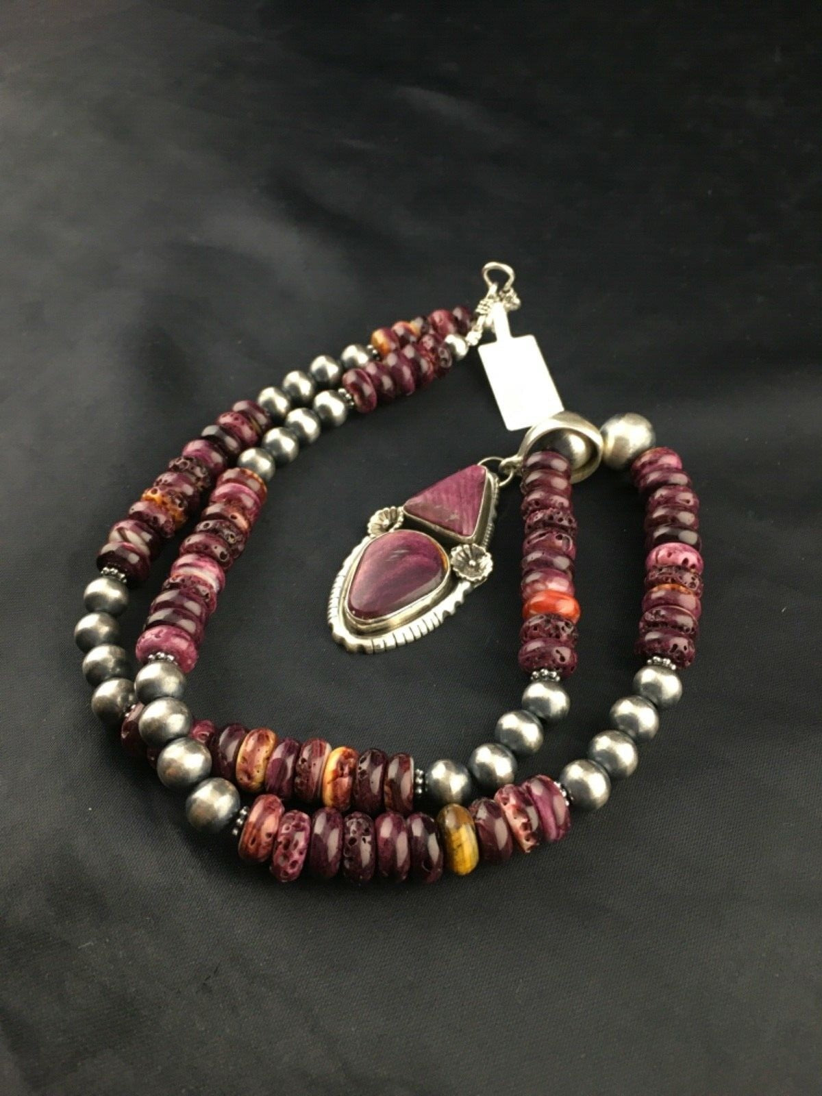 Purple Spiny Oyster Pendant Navajo Sterling Silver Beads Necklace 08175