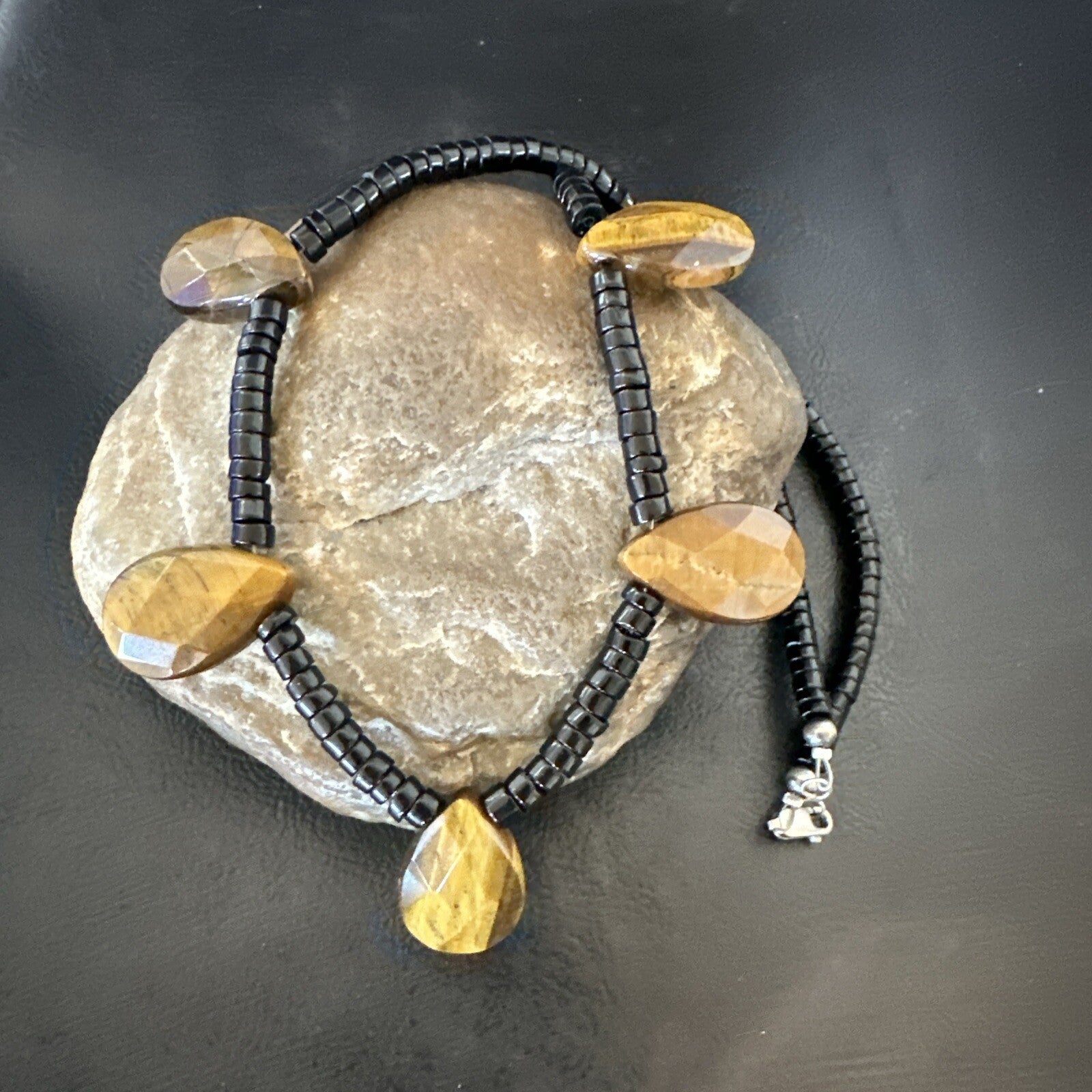 Coffee Brown Tigers Eye Black Onyx Sterling Silver Pendant Necklace 20" 18356