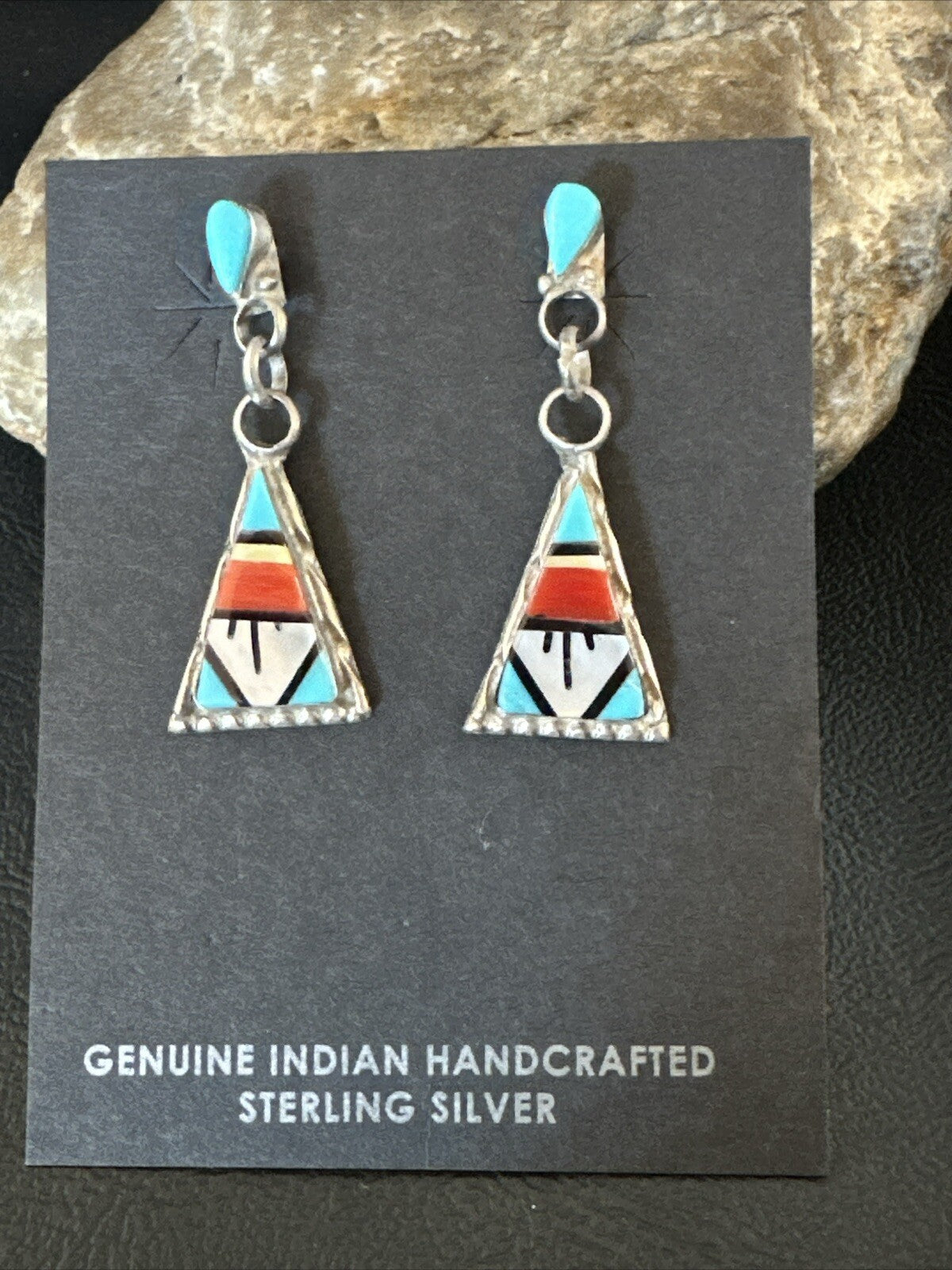 Turquoise Onyx Inlay Zuni Sterling Silver Old Pawn Earrings 00269