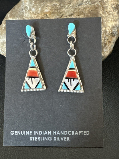 Turquoise Onyx Inlay Zuni Sterling Silver Old Pawn Earrings 00269