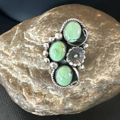 Yazzie Ring Green Turquoise Navajo Sterling Silver Cluster Size 8.5 19211