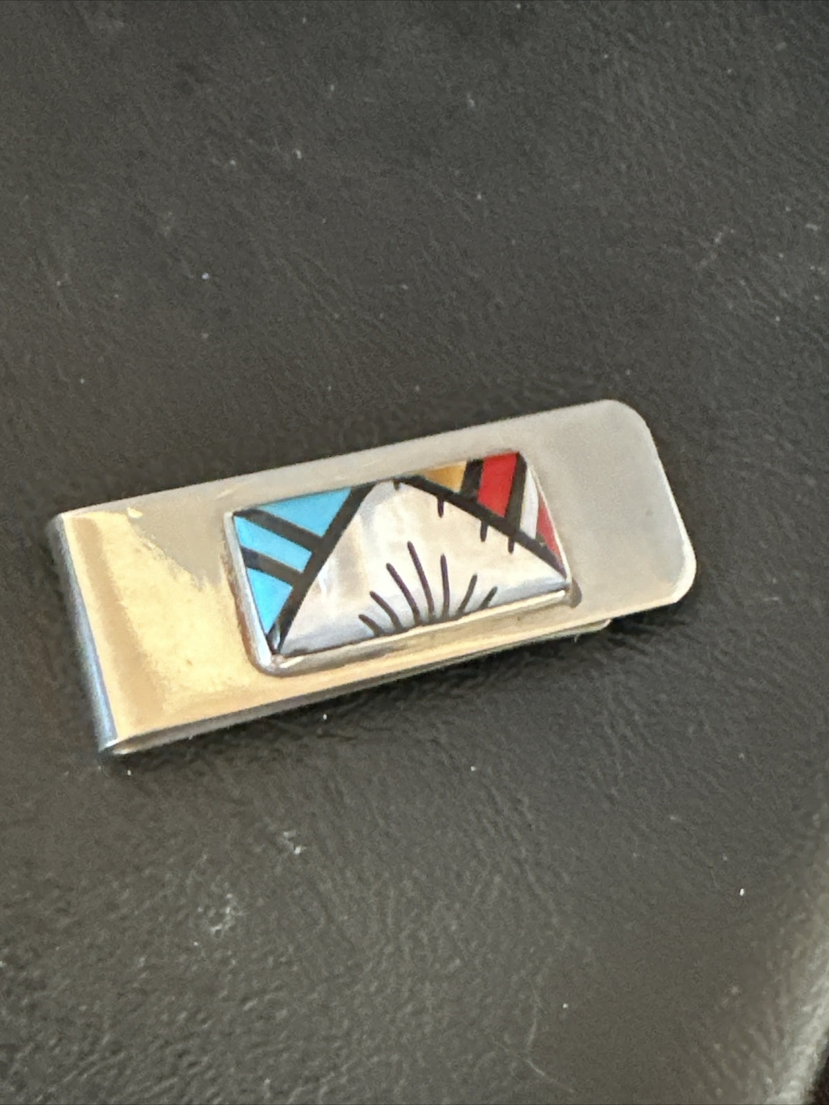 A Zuni Mens Turquoise Spiny Inlay Stainless Sterling Silver Money Clip 17836