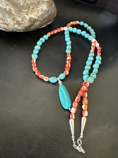Red Spiny Oyster Blue Turquoise Navajo Sterling Silver Necklace 17954