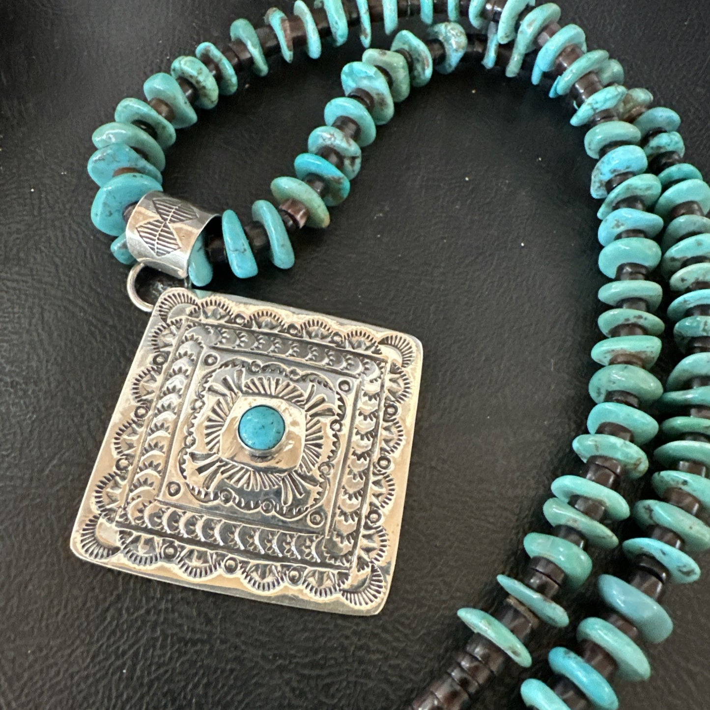 Navajo Blue Turquoise Stamped Pendant Shell Sterling Silver 25” Necklace 19707