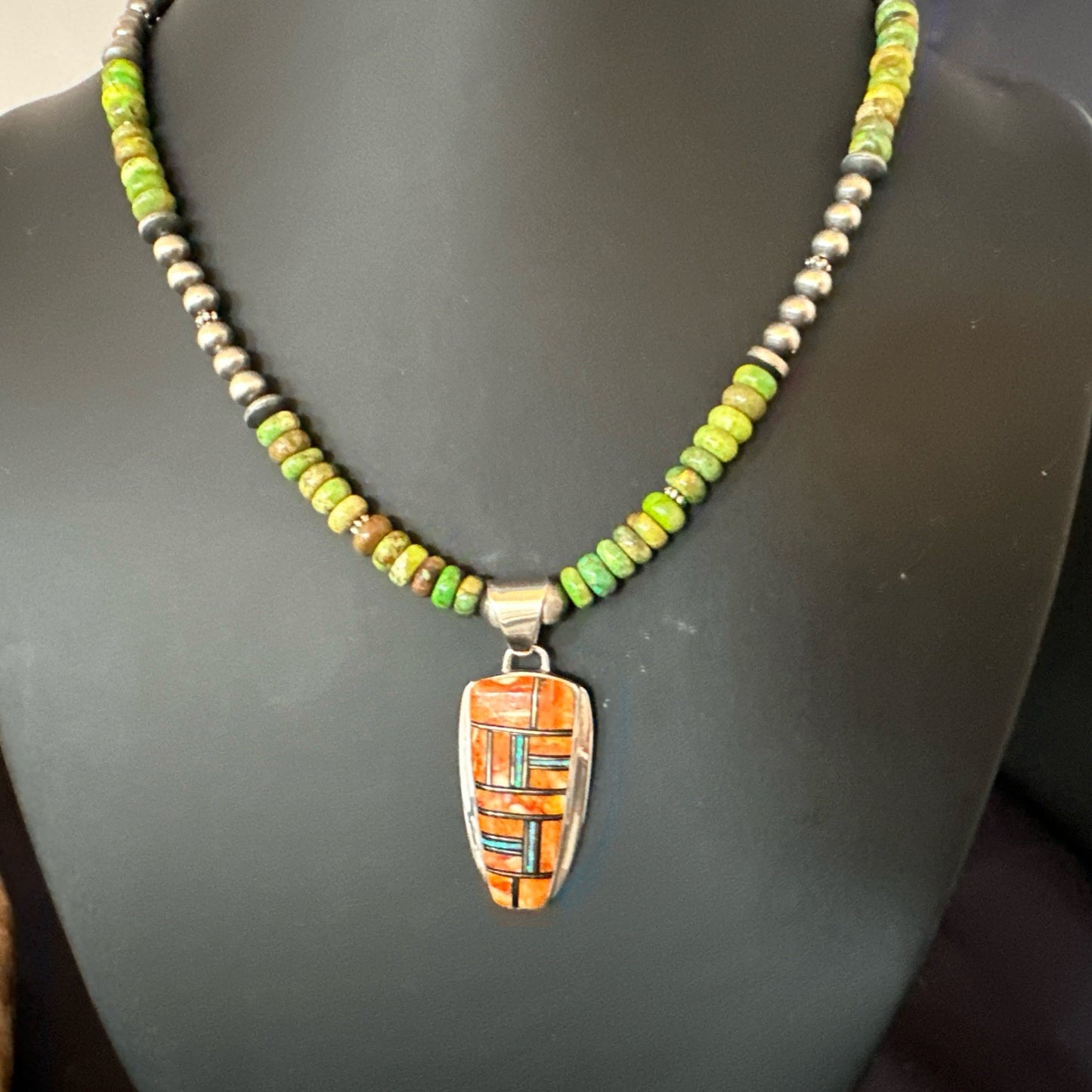 Green Turquoise Orange Spiny Pendant Sterling Silver Necklace 21” 19228