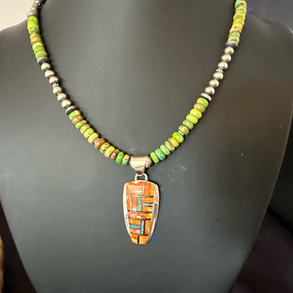 Green Turquoise Orange Spiny Pendant Sterling Silver Necklace 21” 19228