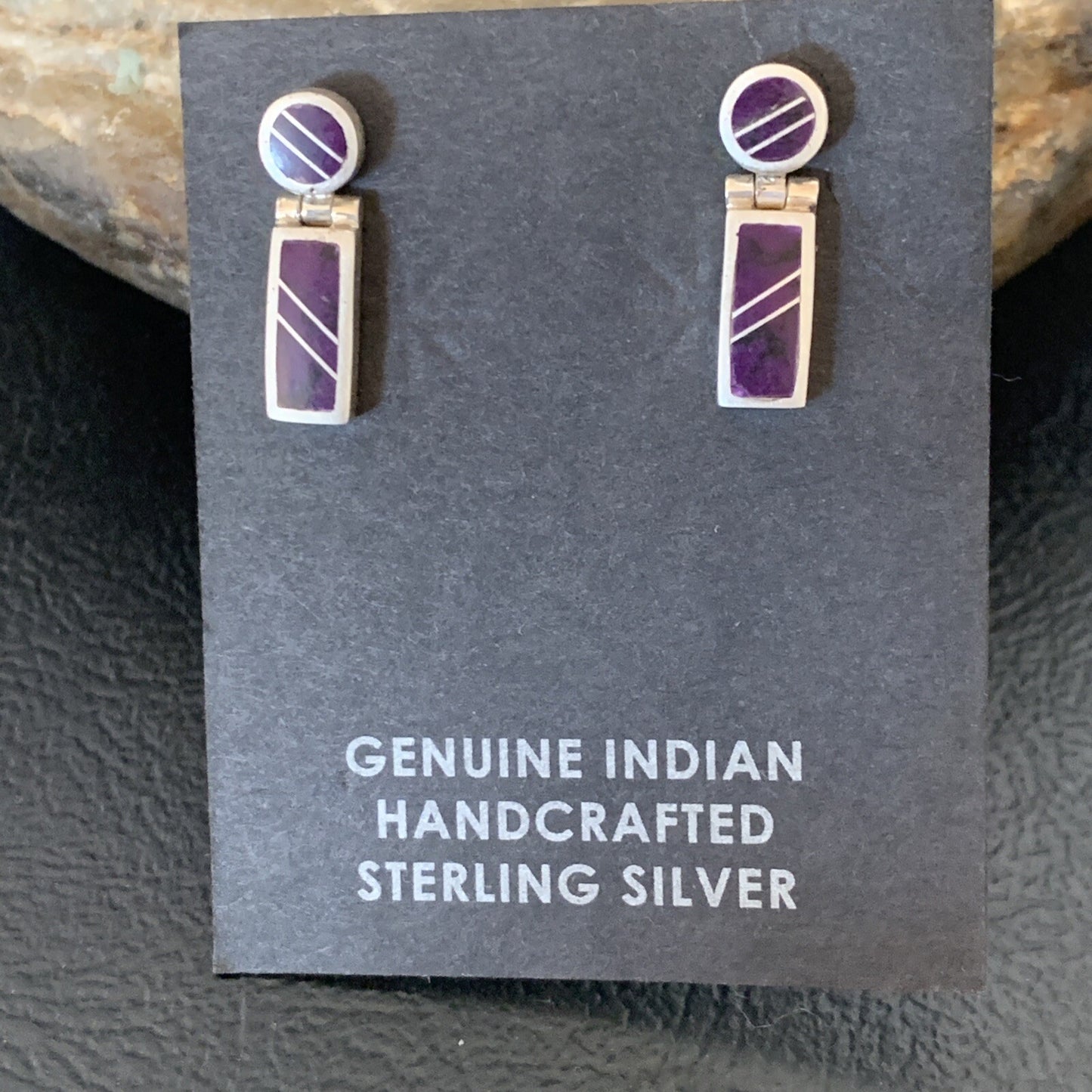 Native Purple Stone Navajo Sterling Silver Dangle Inlay Earrings 0.6" 12682