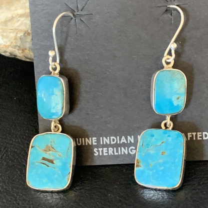Kingman Turquoise Handmade Navajo Sterling Silver Dangle Earrings 1.5" 13898