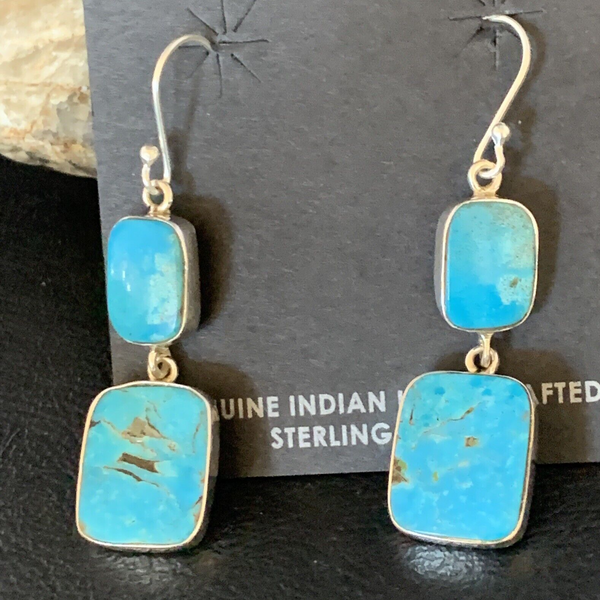Kingman Turquoise Handmade Navajo Dangle Earrings 1.5" | Sterling Silver | Authentic Native American Handmade | 13898