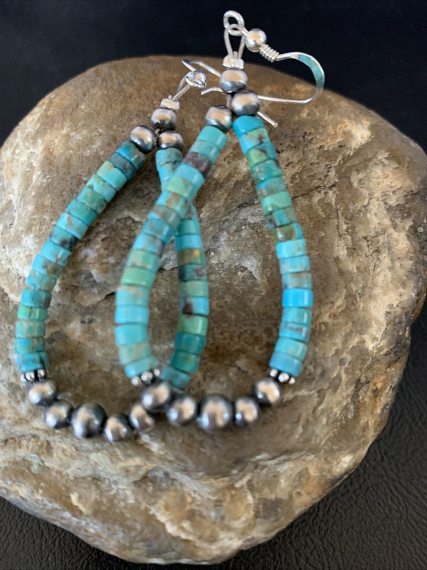 Blue Turquoise Heishi Navajo Beads Earrings 2" | Sterling Silver | Authentic Native American Handmade | 13043