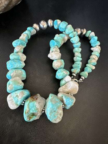 Blue Armenian Turquoise Chunky Nugget Navajo Sterling Silver Necklace 19” 18317