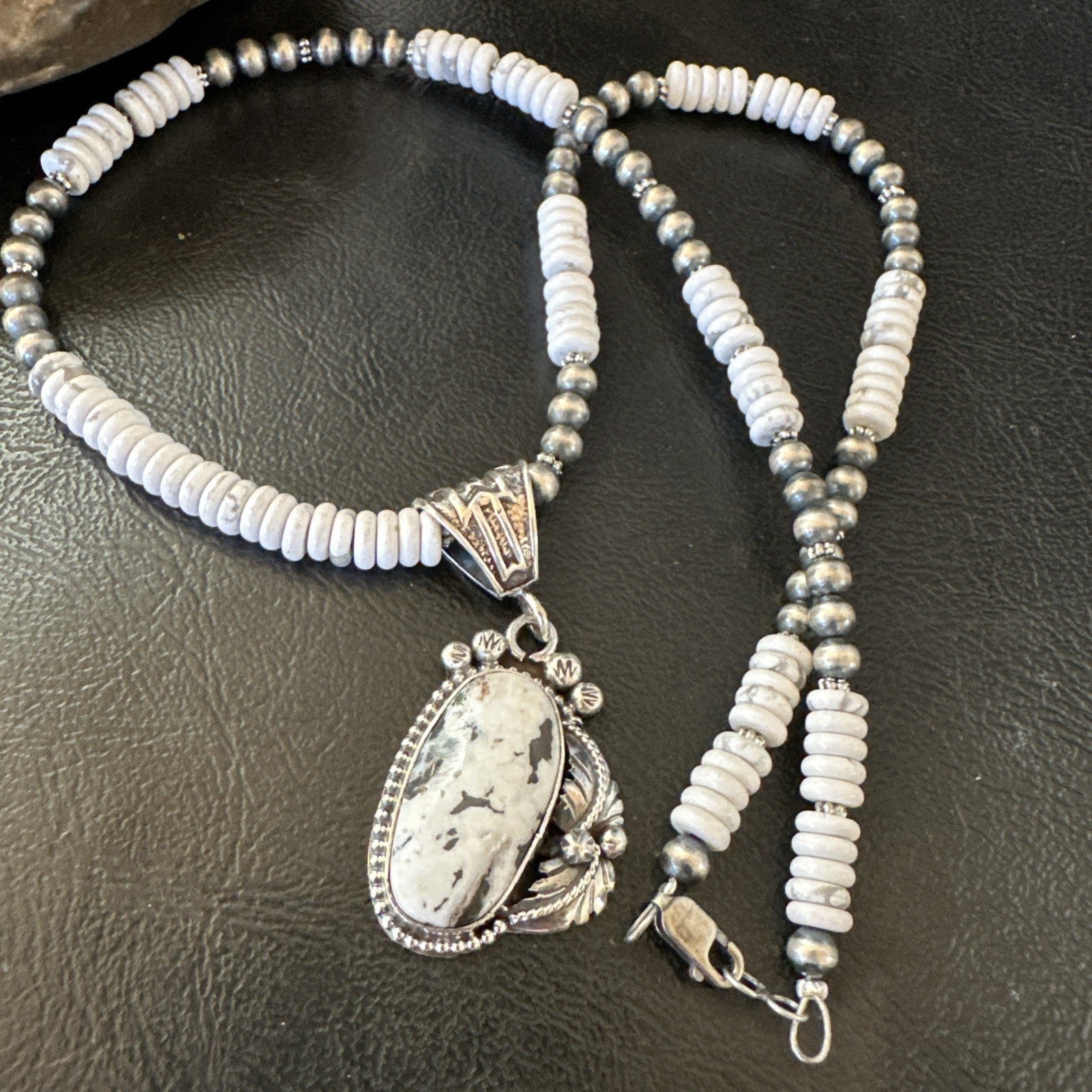 White Buffalo Turquoise Pendant Navajo Pearls Sterling Silver Necklace 20” 19498