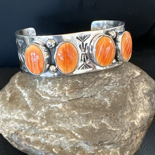 Orange Spiny Oyster 4 Stone Row Navajo Cuff Bracelet 7.7" | Sterling Silver | Authentic Native American Handmade | 19476
