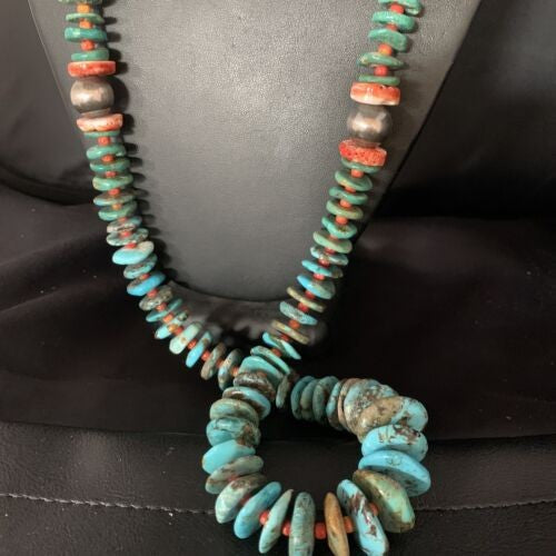 Navajo Graduated Blue Green Turquoise Spiny Necklace Sterling 33" 13569