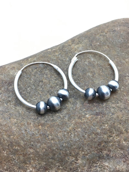 Native American Indian Hoop Sterling Silver Beads Earrings 3108