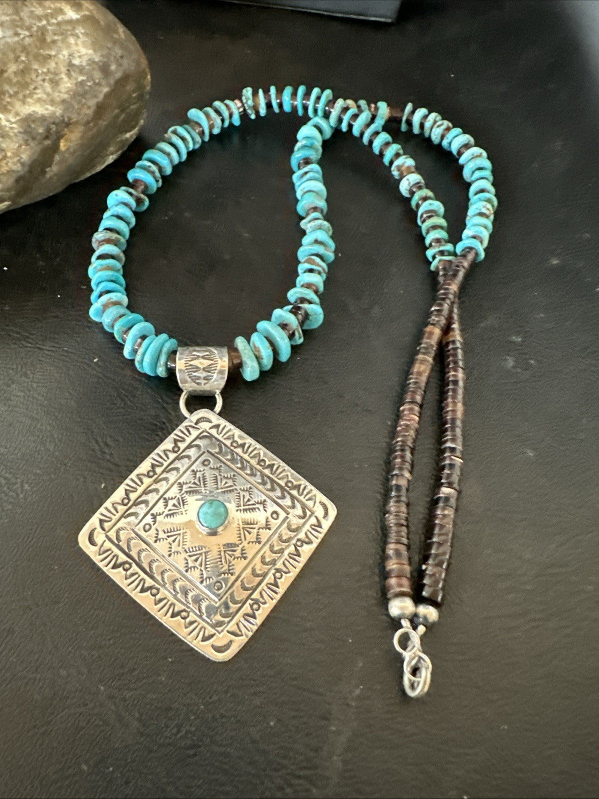 Navajo Blue Turquoise Stamped Pendant Shell Sterling Silver 25” Necklace 19709