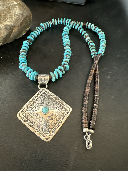 Navajo Blue Turquoise Stamped Pendant Shell Sterling Silver 25” Necklace 19709