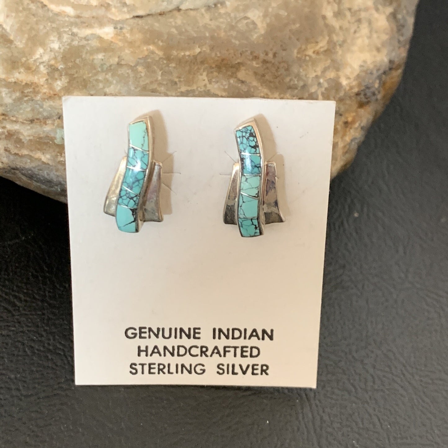 Womens Blue Spider Web Turquoise Navajo Sterling Silver Inlay Earrings 12899