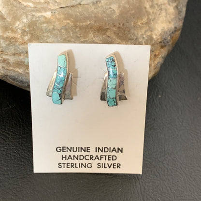 Womens Blue Spider Web Turquoise Navajo Sterling Silver Inlay Earrings 12899