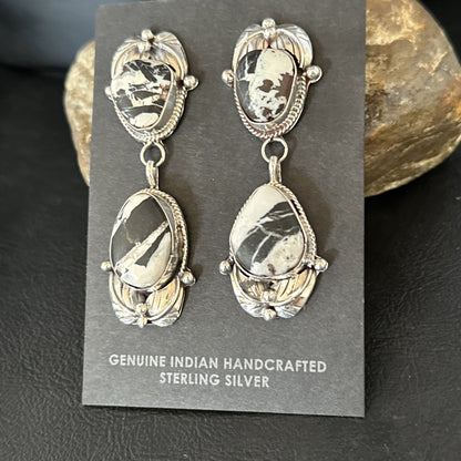 Women Navajo White Buffalo Turquoise Sterling Silver Dangle Earrings 2.5" 14743N