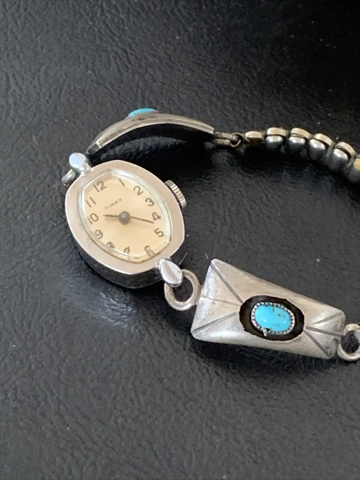 Turquoise Navajo Sterling Silver Old Pawn Shadowbox Watch Tips 01449