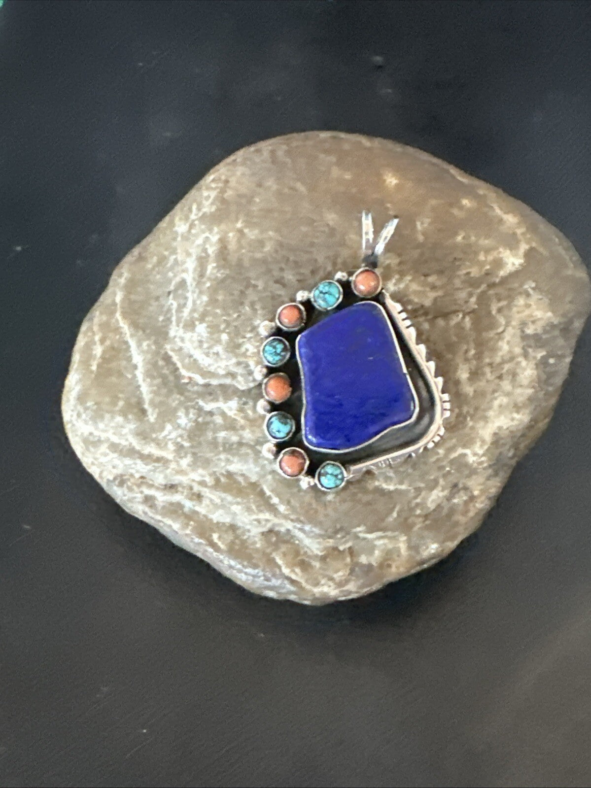 Blue Lapis Cluster Pendant Navajo Sterling Silver Beads Necklace 18754