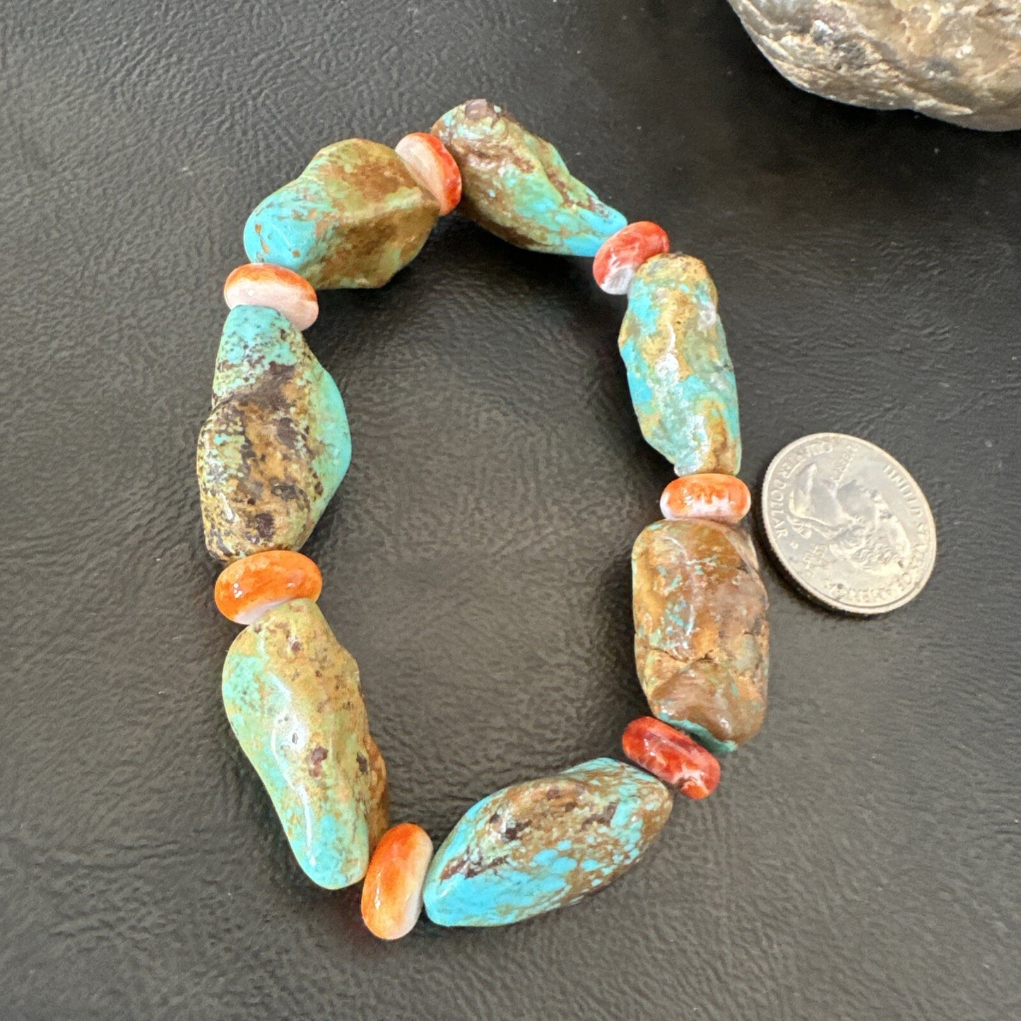 Mens Womens Green Turquoise Spiny Stretch Stone Friendship Bracelet 7" 18862