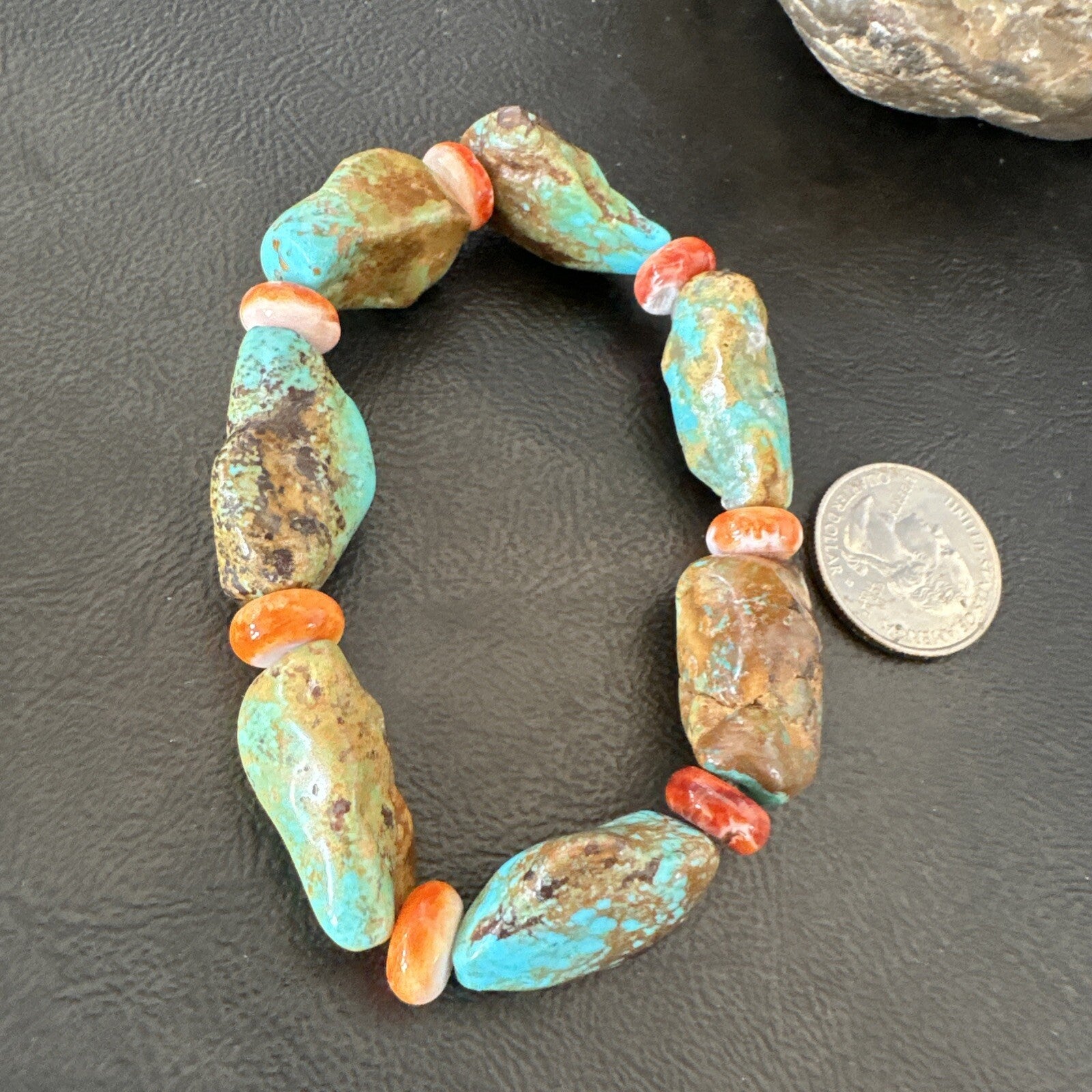 Mens Womens Green Turquoise Spiny Stretch Stone Friendship Bracelet 7" 18862
