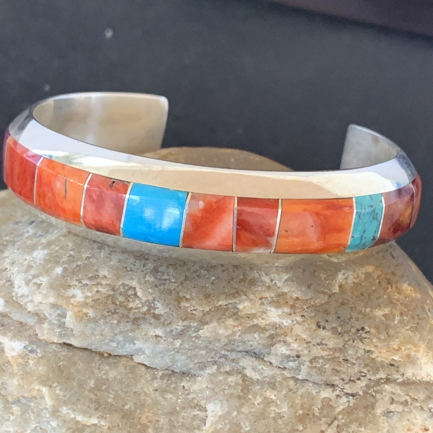 Mens Red Spiny & Turquoise Navajo Sterling Silver Inlay Bracelet 1647