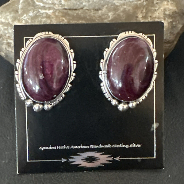 Purple Spiny Oyster Navajo Stud Post Earrings 1" | Sterling Silver | Authentic Native American Handmade | 18740