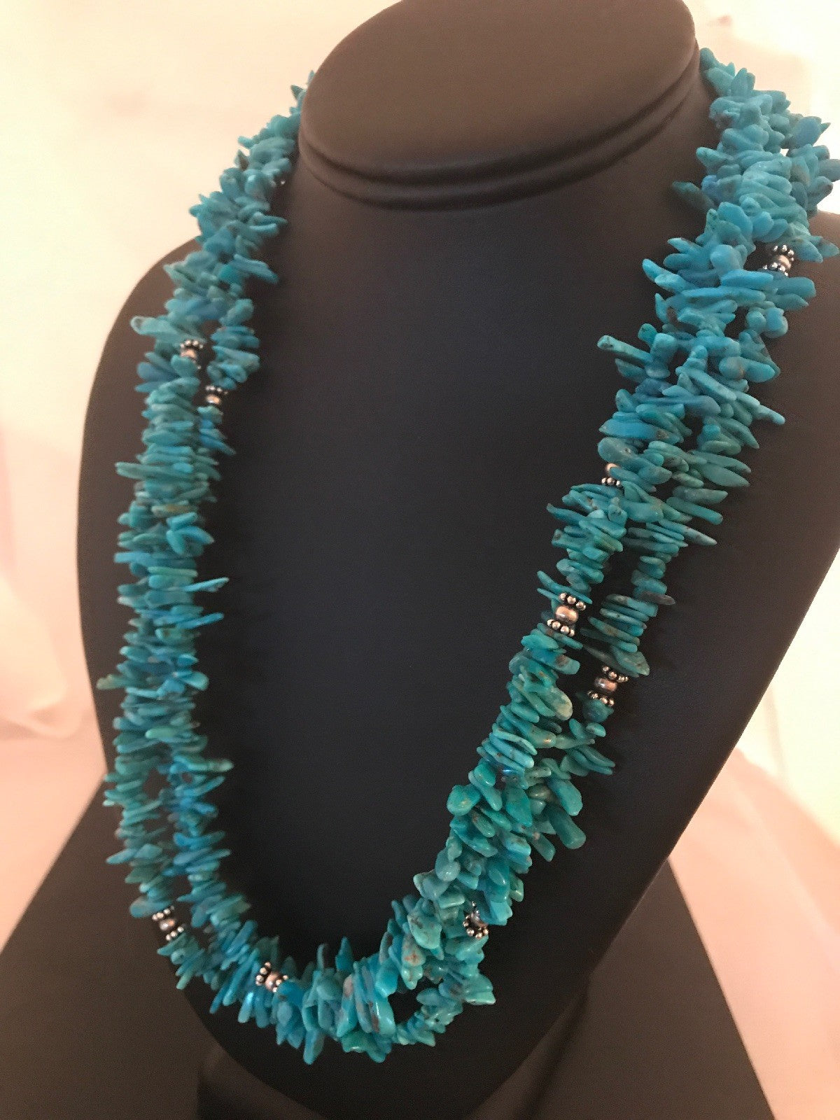Turquoise Nugget Bead 3 Strand Stabilized Navajo Sterling Necklace 08100