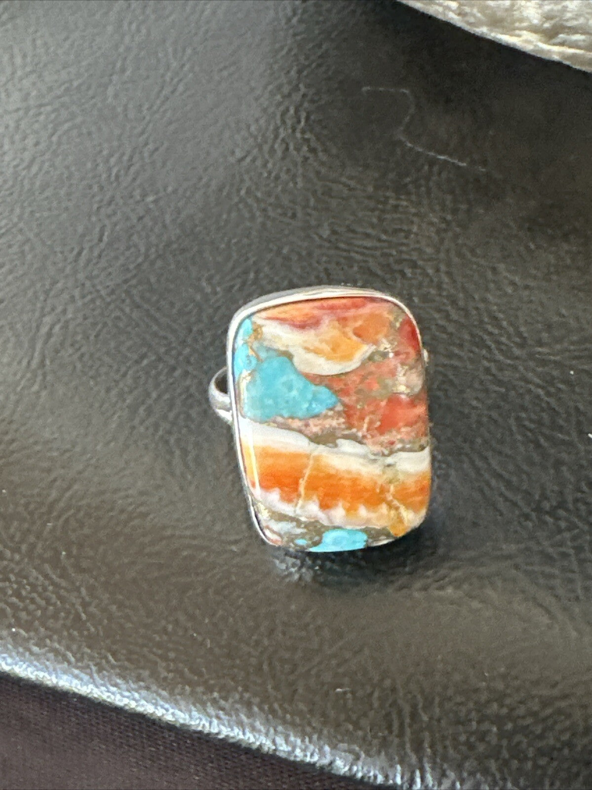 Blue Turquoise Spiny Oyster Southwestern Sterling Silver Ring Size 8 18431