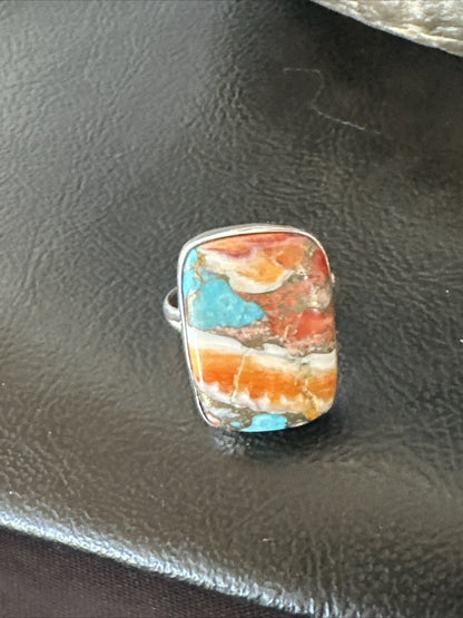 Blue Turquoise Spiny Oyster Southwestern Sterling Silver Ring Size 8 18431