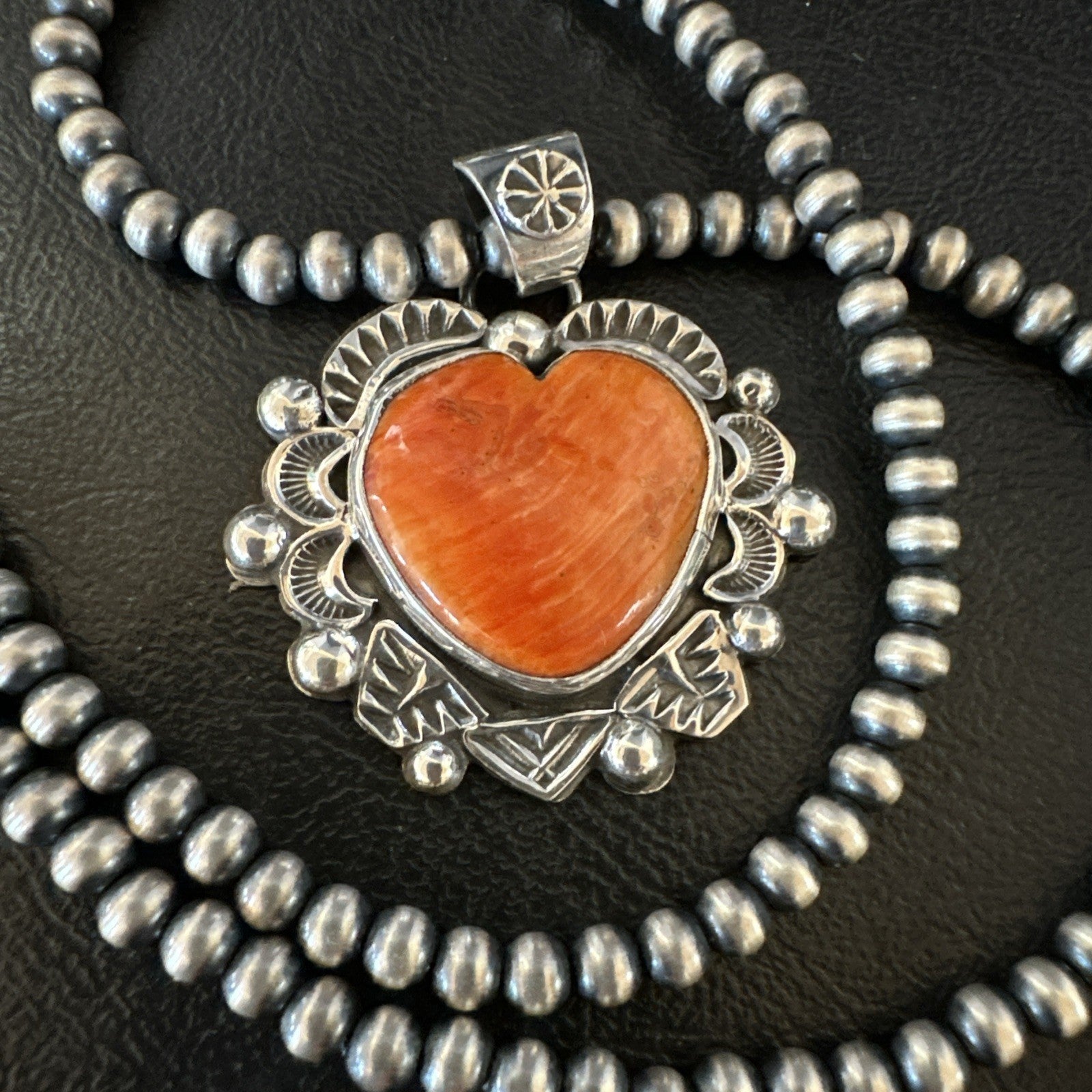 H Joe Orange Spiny Oyster Heart Pendant Navajo Sterling Silver Necklace 19486