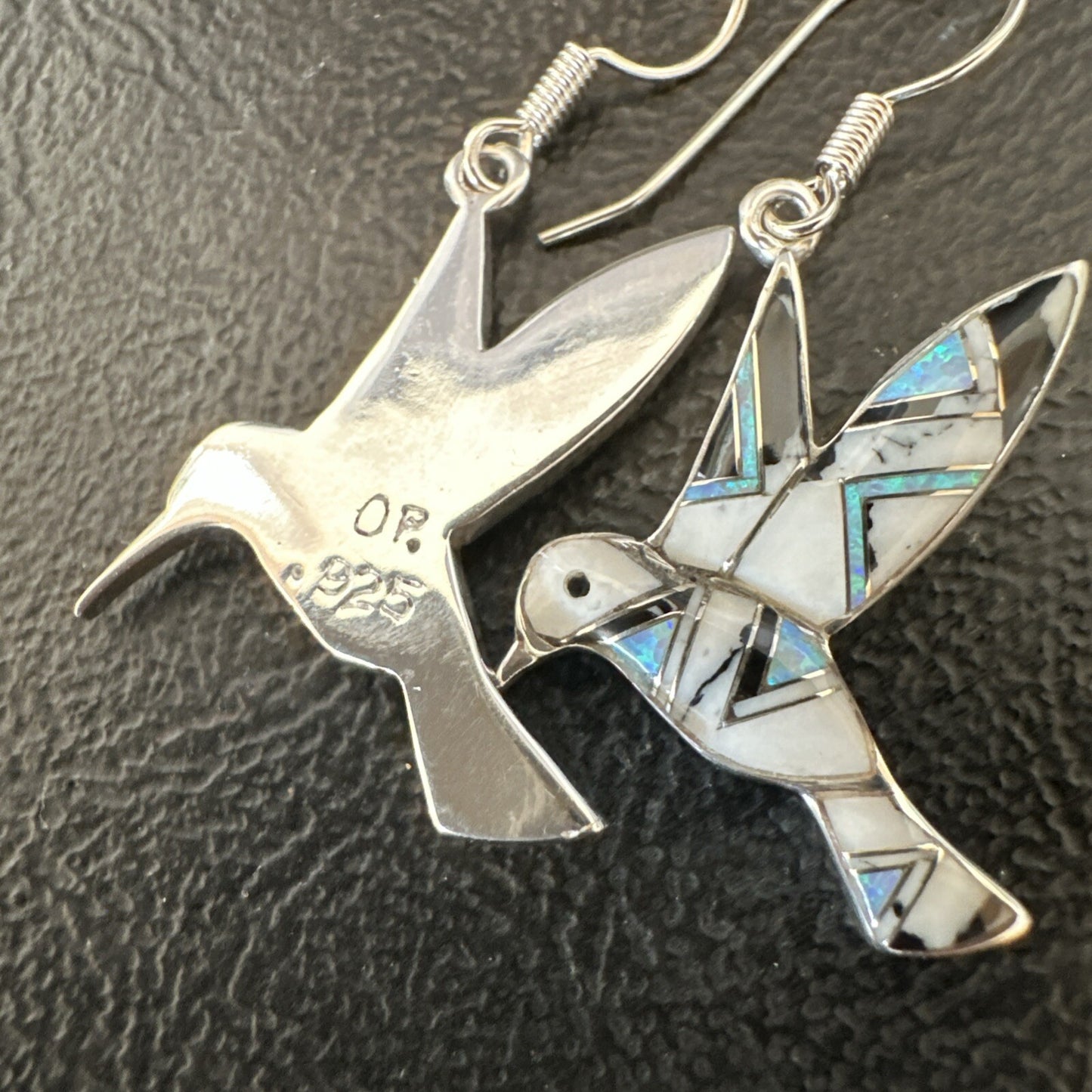 White Buffalo Turquoise Opal Onyx Sterling Silver Hummingbird Earrings 18546