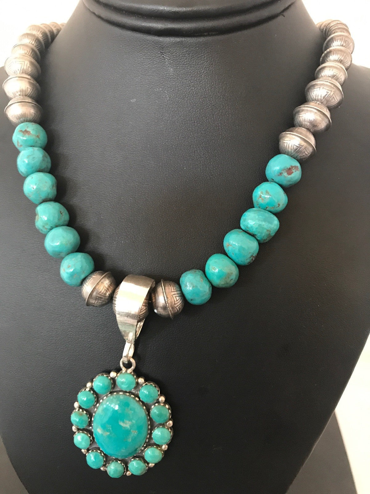 Navajo Pearls Kingman Beads Turquoise Sterling Silver Necklace Pendant 01223