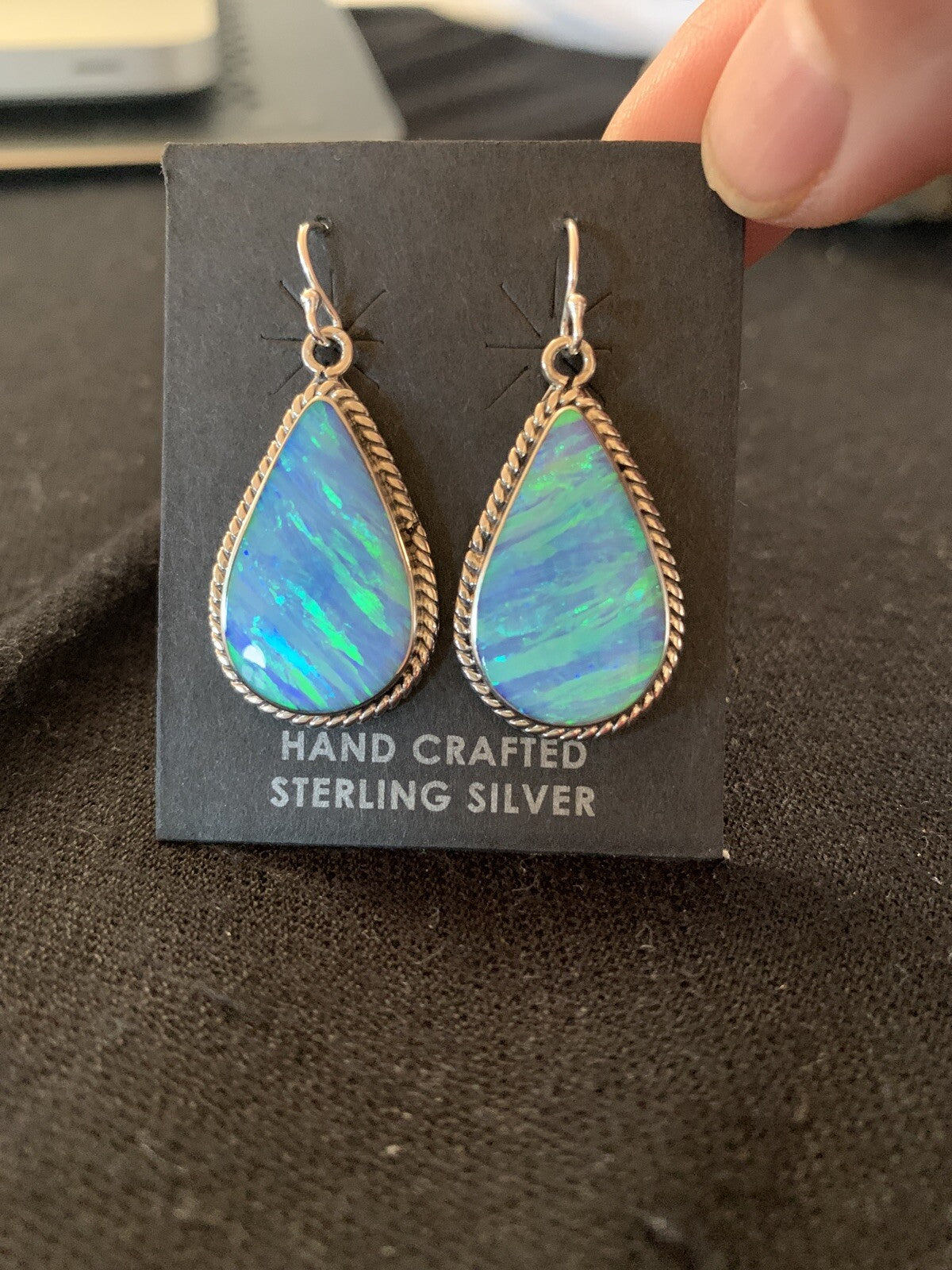 Native American Womens Navajo Sterling Silver Blue Opal Earrings 00471