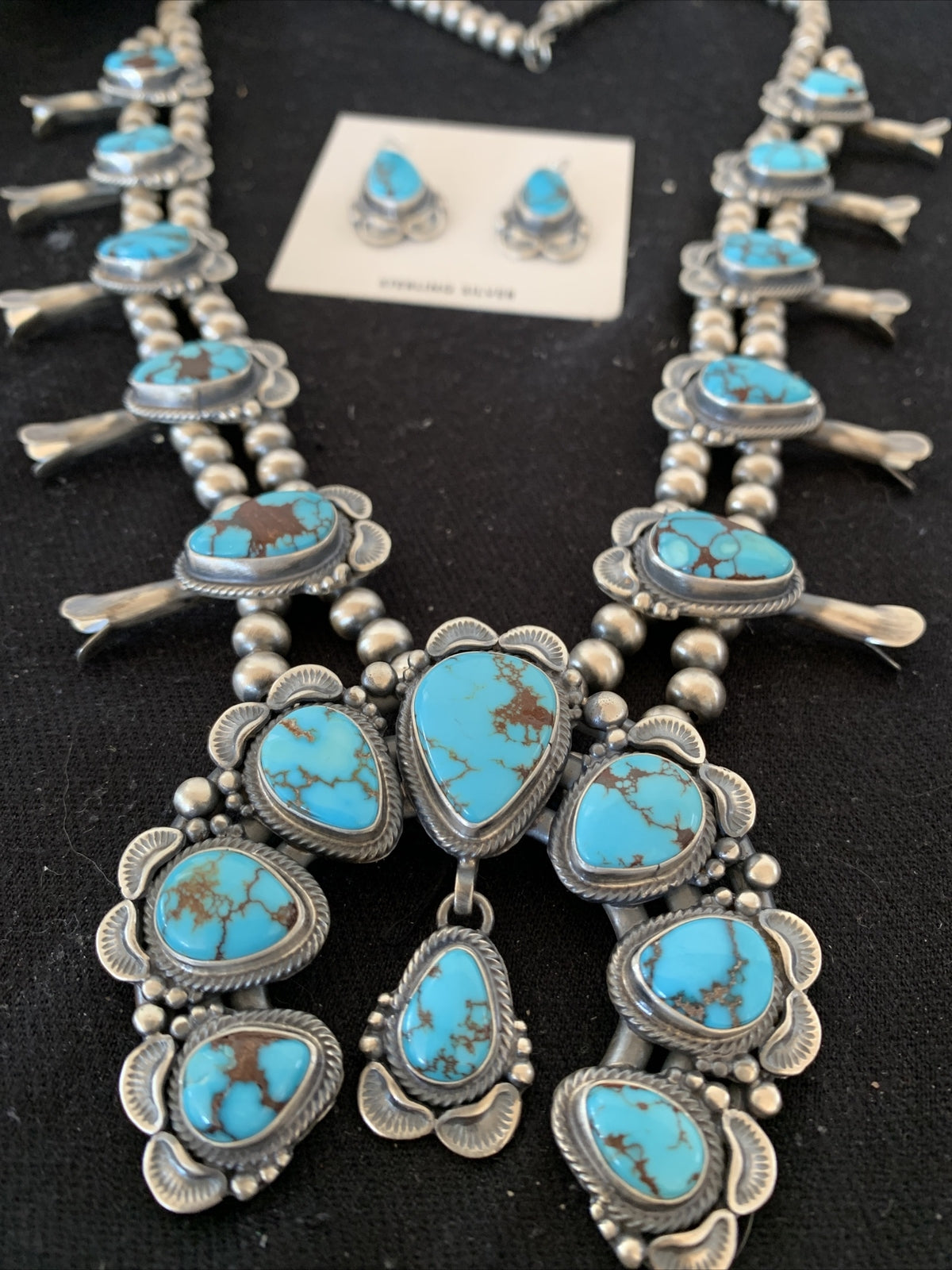 Blue Egyptian Turquoise Sterling Silver Beads Squash Blossom Necklace 17201