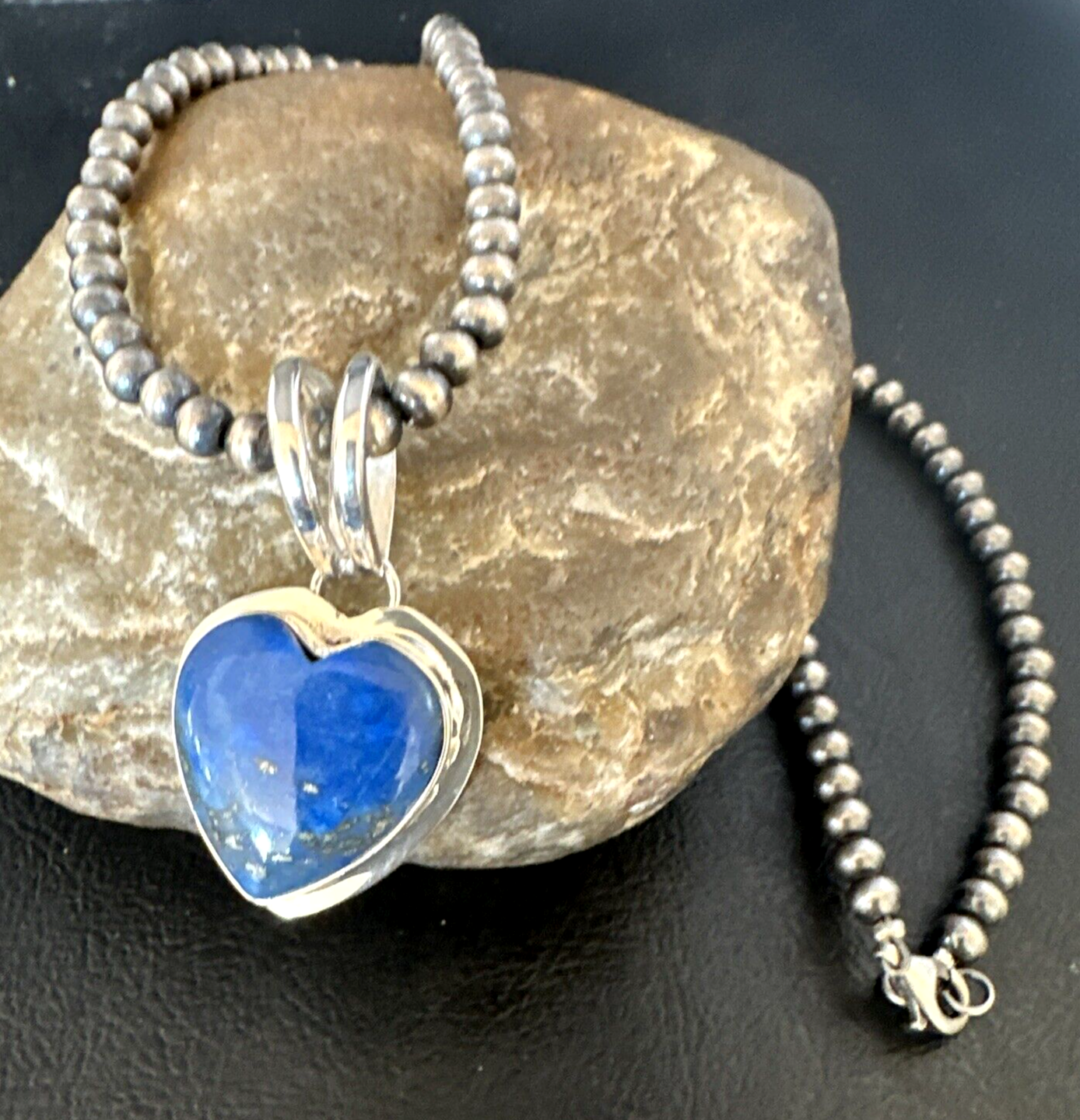 Blue Heart Lapis Pendant Navajo Sterling Silver Beads Necklace 15018
