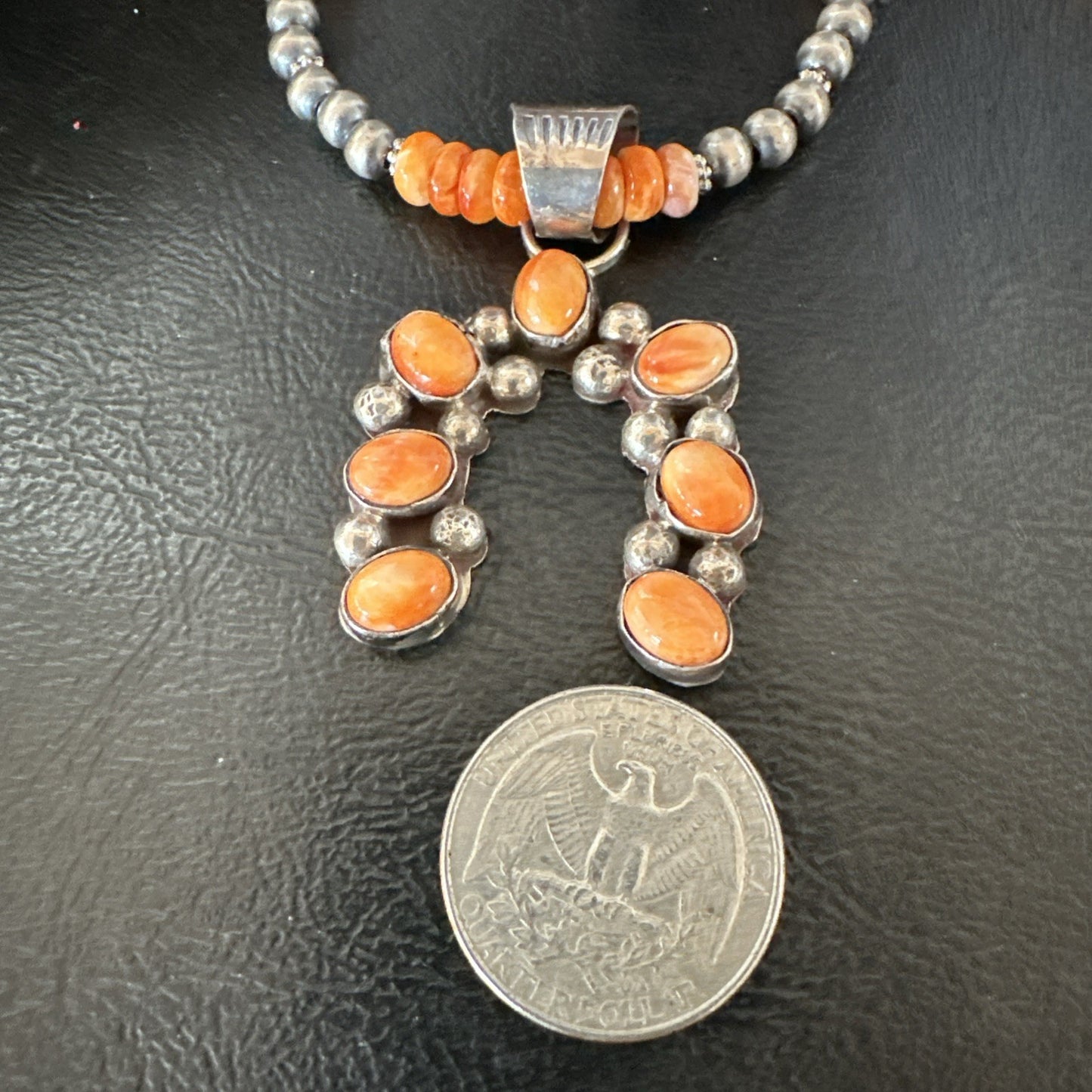 Navajo Pearls Sterling Necklace Orange Spiny Oyster Cluster Naja Pendant 19551